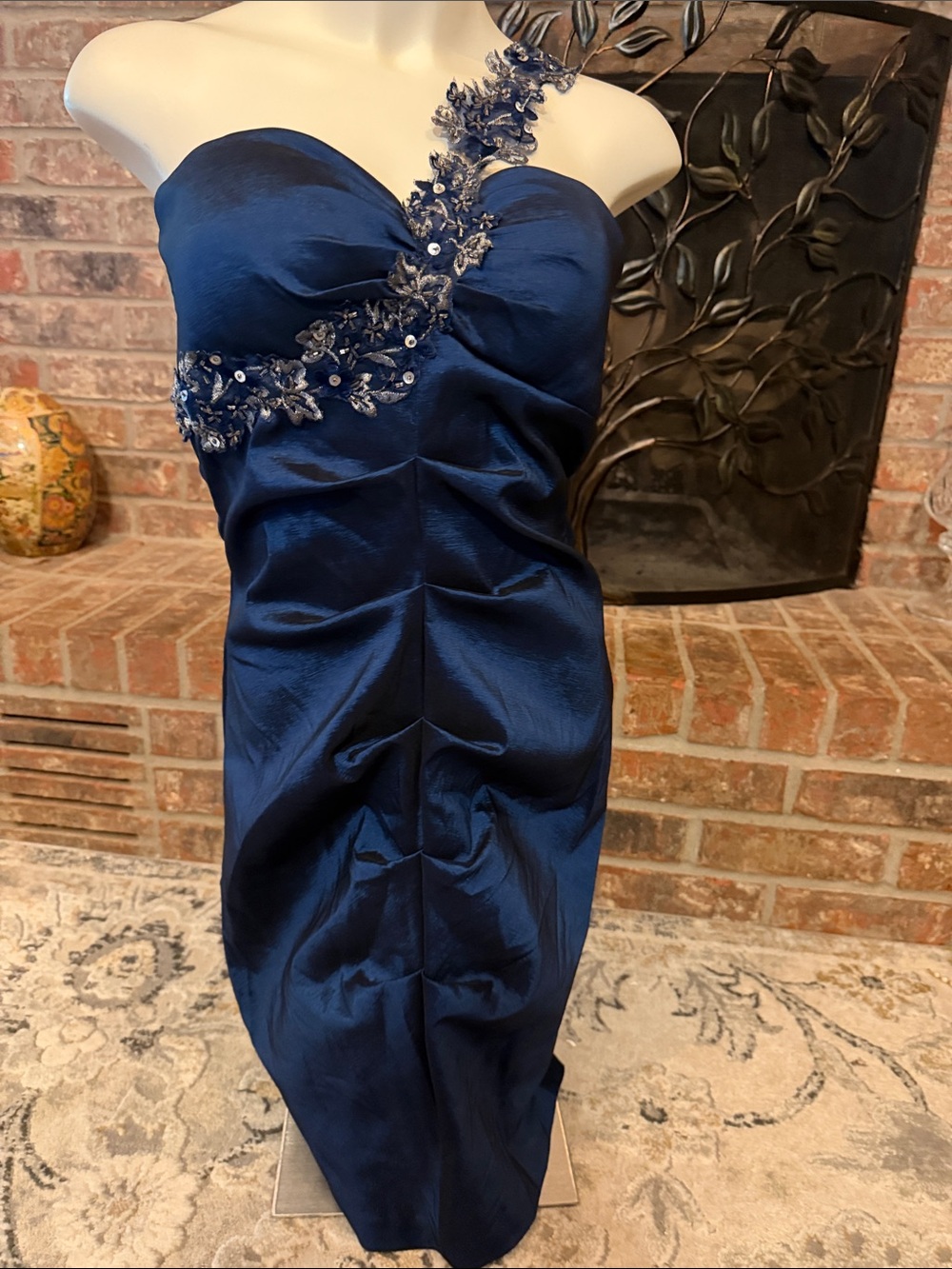 Xscape Joanna Chen Size 12 Navy One Shoulder Beaded Ruched Cocktail Dress